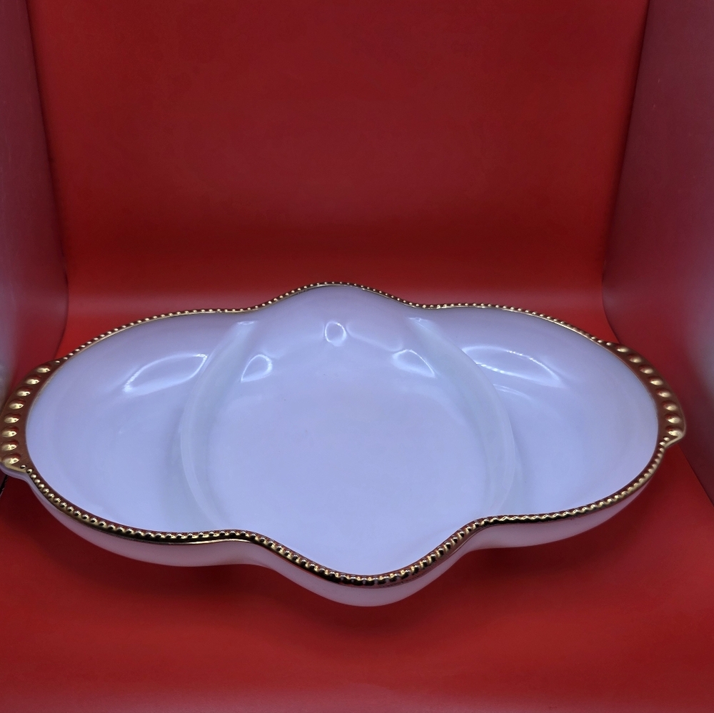 Elegant White Trimmed Serving DishVintage Fire King Milk Glass 22 Kt Gold